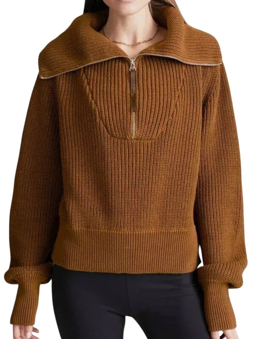 Varley Mentone Cotton Half Zip Shaker Knit Sweater S Brown